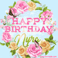 A charming animated GIF featuring 'Happy Birthday Nyra' in pink and green text, surrounded by delicate roses, leaves, and fluttering butterflies on a soft light blue pastel background.