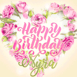 A stunning heart made of pink roses surrounds the elegant script text 'Happy Birthday Nyra' on a soft beige background. Animated sparkles add a magical and festive feel.