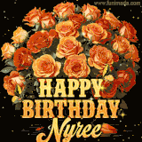 Animated bouquet of orange roses with moving butterfles and golden 'Happy Birthday Nyree' text, surrounded by sparkling accents and a dark backdrop for a luxurious feel.