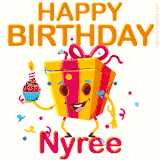 A vibrant and funny gift box character with a happy face dancing with a cupcake and the text 'Happy Birthday Nyree,' surrounded by animated confetti and party vibes.