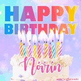 A vibrant animated name GIF with the words 'Happy Birthday Nóirín' with colorful candles on a creamy cake. The background sparkles with pastel shades, adding a festive touch.
