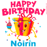 A vibrant and funny gift box character with a happy face dancing with a cupcake and the text 'Happy Birthday Nóirín,' surrounded by animated confetti and party vibes.
