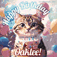 Happy birthday gif for Oaklee with cat and cake