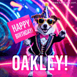 Animated GIF of a cool dog wearing a suit and sunglasses, holding a 'Happy Birthday' sign for Oakley, set against a bright and colorful neon party background.