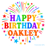 Happy Birthday Oakley' GIF with rainbow-colored letters, colorful stars, and fireworks on white background.