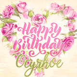 A stunning heart made of pink roses surrounds the elegant script text 'Happy Birthday Ocyrhoe' on a soft beige background. Animated sparkles add a magical and festive feel.