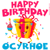 A vibrant and funny gift box character with a happy face dancing with a cupcake and the text 'Happy Birthday Ocyrhoe,' surrounded by animated confetti and party vibes.