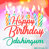 Bright birthday candles with rainbow flames on a cake, alongside the text 'Happy Birthday Odahingum' in vibrant script in this celebratory animated GIF.