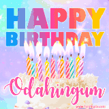 A vibrant animated name GIF with the words 'Happy Birthday Odahingum' with colorful candles on a creamy cake. The background sparkles with pastel shades, adding a festive touch.
