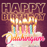 A colorful birthday cake topped with lit candles, with the words 'Happy Birthday Odahingum' in bold glowing letters on a burgundy background. Animated flames add a festive touch.