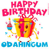 A vibrant and funny gift box character with a happy face dancing with a cupcake and the text 'Happy Birthday Odahingum,' surrounded by animated confetti and party vibes.