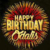 Golden 'Happy Birthday Odalis' text accompanied by animated rainbow fireworks for a festive animated greeting.