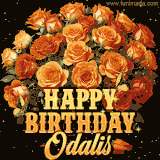 Animated bouquet of orange roses with moving butterfles and golden 'Happy Birthday Odalis' text, surrounded by sparkling accents and a dark backdrop for a luxurious feel.