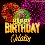 A golden 'Happy Birthday Odalis' message with vibrant fireworks in the background, creating a festive and celebratory vibe in this animated name GIF.