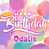 A vibrant name GIF featuring colorful balloons in shades of pink, orange, and yellow with the bold text 'Happy Birthday Odalis' in festive fonts, creating a lively birthday vibe.