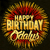 Golden 'Happy Birthday Odalys' text accompanied by animated rainbow fireworks for a festive animated greeting.