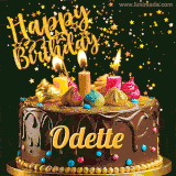 A delightful chocolate birthday cake with bright candles and 'Happy Birthday Odette' written in gold amidst a shower of animated stars.