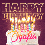 A colorful birthday cake topped with lit candles, with the words 'Happy Birthday Ogafia' in bold glowing letters on a burgundy background. Animated flames add a festive touch.