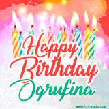 Bright birthday candles with rainbow flames on a cake, alongside the text 'Happy Birthday Ogrufina' in vibrant script in this celebratory animated GIF.