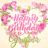 A stunning heart made of pink roses surrounds the elegant script text 'Happy Birthday Ogrufina' on a soft beige background. Animated sparkles add a magical and festive feel.