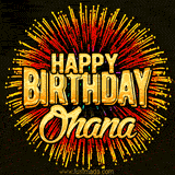 Golden 'Happy Birthday Ohana' text accompanied by animated rainbow fireworks for a festive animated greeting.