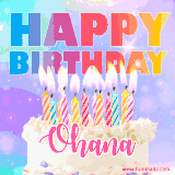 A vibrant animated name GIF with the words 'Happy Birthday Ohana' with colorful candles on a creamy cake. The background sparkles with pastel shades, adding a festive touch.