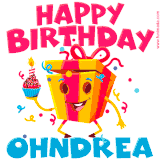 A vibrant and funny gift box character with a happy face dancing with a cupcake and the text 'Happy Birthday Ohndrea,' surrounded by animated confetti and party vibes.