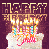 A colorful birthday cake topped with lit candles, with the words 'Happy Birthday Ohtli' in bold glowing letters on a burgundy background. Animated flames add a festive touch.