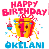 A vibrant and funny gift box character with a happy face dancing with a cupcake and the text 'Happy Birthday Okelani,' surrounded by animated confetti and party vibes.