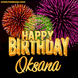 A golden 'Happy Birthday Oksana' message with vibrant fireworks in the background, creating a festive and celebratory vibe in this animated name GIF.