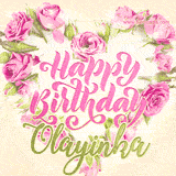 A stunning heart made of pink roses surrounds the elegant script text 'Happy Birthday Olayinka' on a soft beige background. Animated sparkles add a magical and festive feel.