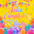A bright and festive GIF with the text 'Feliz Cumpleaños Oliana' in Spanish in colorful fonts, surrounded by confetti, balloons, and festive banners on a vibrant yellow background.