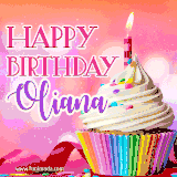 A vibrant birthday GIF featuring a rainbow-colored cupcake topped with white frosting, sprinkles, and a lit candle. The text reads 'Happy Birthday Oliana' in bold pink and violet letters with white outline.