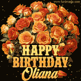 Animated bouquet of orange roses with moving butterfles and golden 'Happy Birthday Oliana' text, surrounded by sparkling accents and a dark backdrop for a luxurious feel.