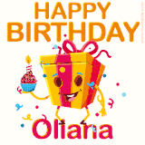 A vibrant and funny gift box character with a happy face dancing with a cupcake and the text 'Happy Birthday Oliana,' surrounded by animated confetti and party vibes.