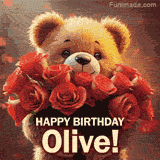 Cinematic style cute animated teddy bear with charming features holding a large bouquet of red roses, the words say 'Happy Birthday Olive' in sans serif font.