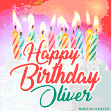 Bright birthday candles with rainbow flames on a cake, alongside the text 'Happy Birthday Oliver' in vibrant script in this celebratory animated GIF.