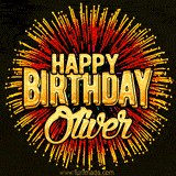 Golden 'Happy Birthday Oliver' text accompanied by animated rainbow fireworks for a festive animated greeting.