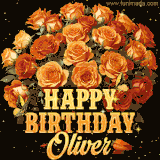Animated bouquet of orange roses with moving butterfles and golden 'Happy Birthday Oliver' text, surrounded by sparkling accents and a dark backdrop for a luxurious feel.
