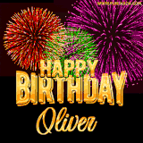 A golden 'Happy Birthday Oliver' message with vibrant fireworks in the background, creating a festive and celebratory vibe in this animated name GIF.