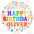 Happy Birthday Oliver' GIF with rainbow-colored letters, colorful stars, and fireworks on white background.