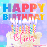 A vibrant animated name GIF with the words 'Happy Birthday Oliver' with colorful candles on a creamy cake. The background sparkles with pastel shades, adding a festive touch.