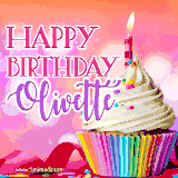 A vibrant birthday GIF featuring a rainbow-colored cupcake topped with white frosting, sprinkles, and a lit candle. The text reads 'Happy Birthday Olivette' in bold pink and violet letters with white outline.