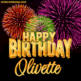A golden 'Happy Birthday Olivette' message with vibrant fireworks in the background, creating a festive and celebratory vibe in this animated name GIF.