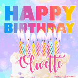 A vibrant animated name GIF with the words 'Happy Birthday Olivette' with colorful candles on a creamy cake. The background sparkles with pastel shades, adding a festive touch.