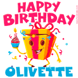 A vibrant and funny gift box character with a happy face dancing with a cupcake and the text 'Happy Birthday Olivette,' surrounded by animated confetti and party vibes.