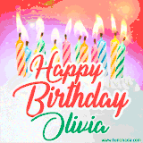 Bright birthday candles with rainbow flames on a cake, alongside the text 'Happy Birthday Olivia' in vibrant script in this celebratory animated GIF.