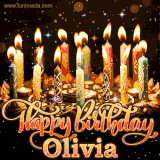 A glowing personalized birthday GIF with name Olivia featuring lit candles with intricate designs, warm lighting, and the text 'Happy Birthday' in an elegant font.