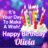 A colorful birthday GIF for Olivia featuring a cupcake with vibrant lit candles and the text 'It's Your Day to Make a Wish! Happy Birthday Olivia' in bold letters on a festive purple background.