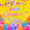 A bright and festive GIF with the text 'Feliz Cumpleaños Olivia' in Spanish in colorful fonts, surrounded by confetti, balloons, and festive banners on a vibrant yellow background.